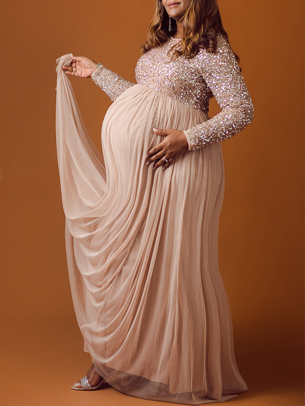 fotobeyou Sequin Tulle Splicing Long Sleeve Maternity Gender Reveal Maxi Dress