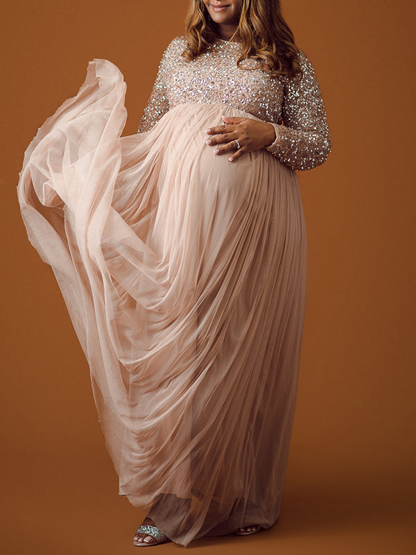 fotobeyou Sequin Tulle Splicing Long Sleeve Party Gown Photoshoot Maternity Baby Shower Maxi Dress