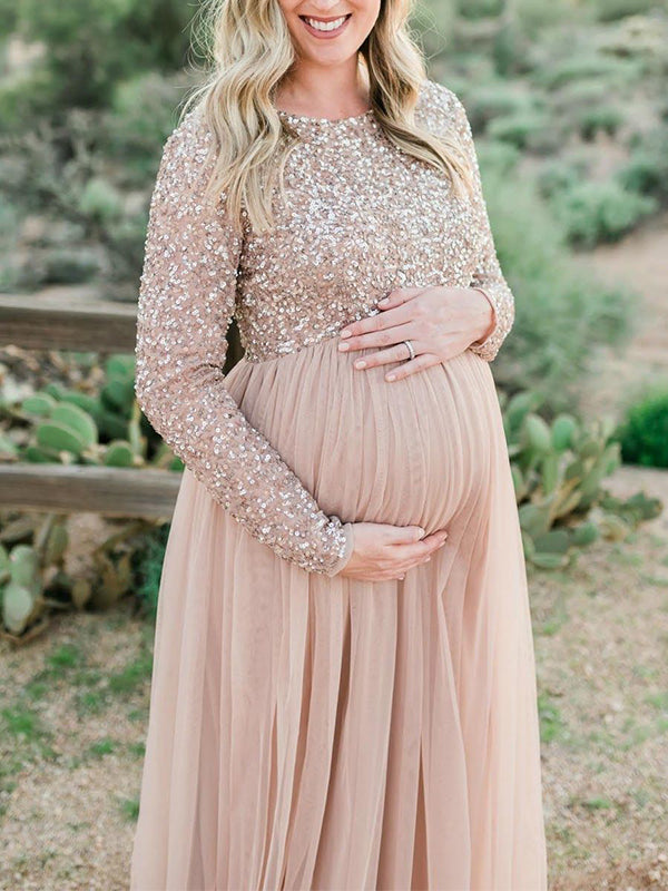 fotobeyou Sequin Tulle Splicing Long Sleeve Maternity Gender Reveal Maxi Dress