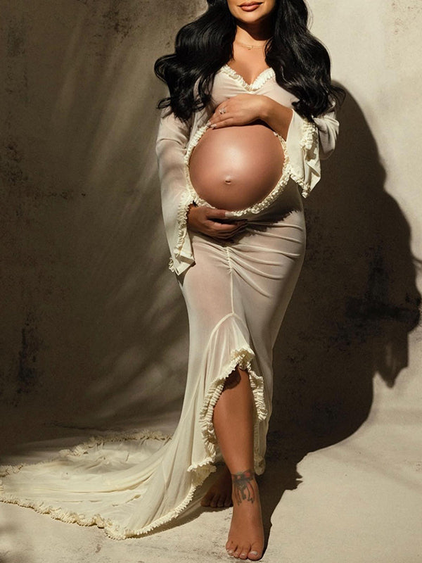 fotobeyou Ivory Sheer Ruffle Cut Out Crop Slit Falbala Deep V-neck Mermaid Elegant Maternity Photoshoot Maxi Dress