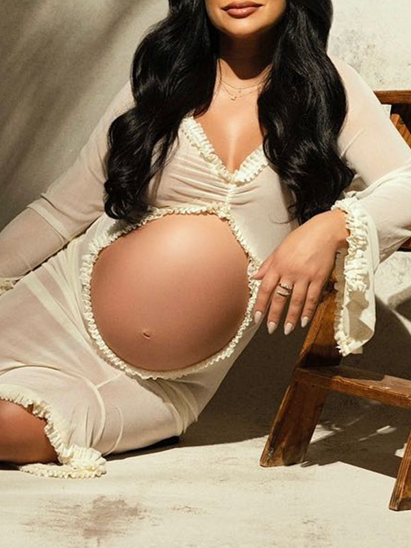 fotobeyou Ivory Sheer Ruffle Cut Out Crop Slit Falbala Deep V-neck Mermaid Elegant Maternity Photoshoot Maxi Dress