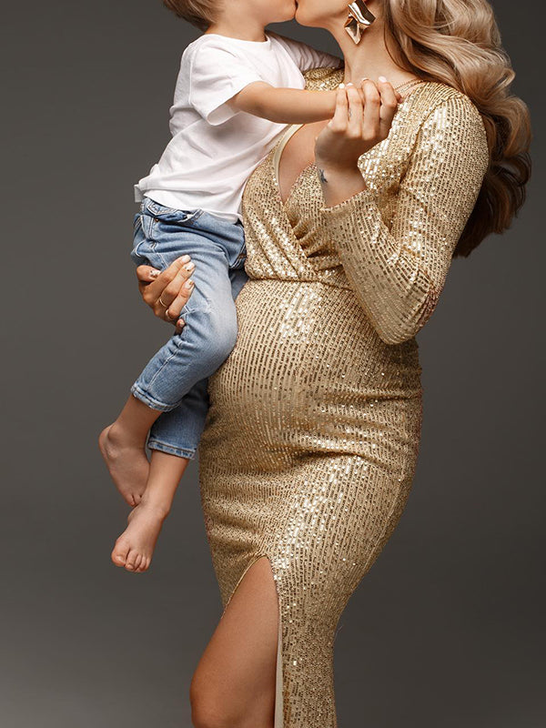 fotobeyou Golden Glitter Sequin Side Slit V-neck Elegant Eevning Gown Maternity Photoshoot Baby Shower Party Maxi Dress