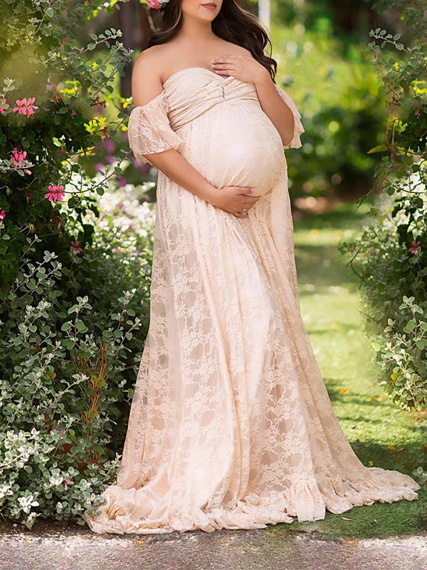 fotobeyou Solid Color Lace Off Shoulder Cap Sleeve Photoshoot Maternity Maxi Dress