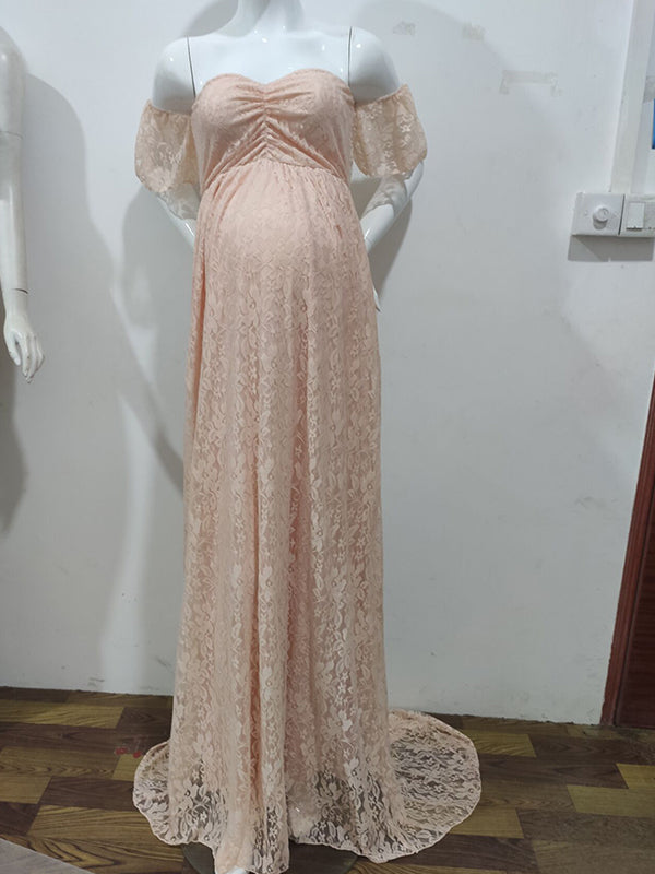 fotobeyou Solid Color Lace Off Shoulder Cap Sleeve Photoshoot Maternity Maxi Dress