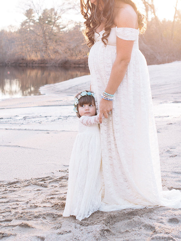 fotobeyou Solid Color Lace Off Shoulder Cap Sleeve Photoshoot Maternity Maxi Dress