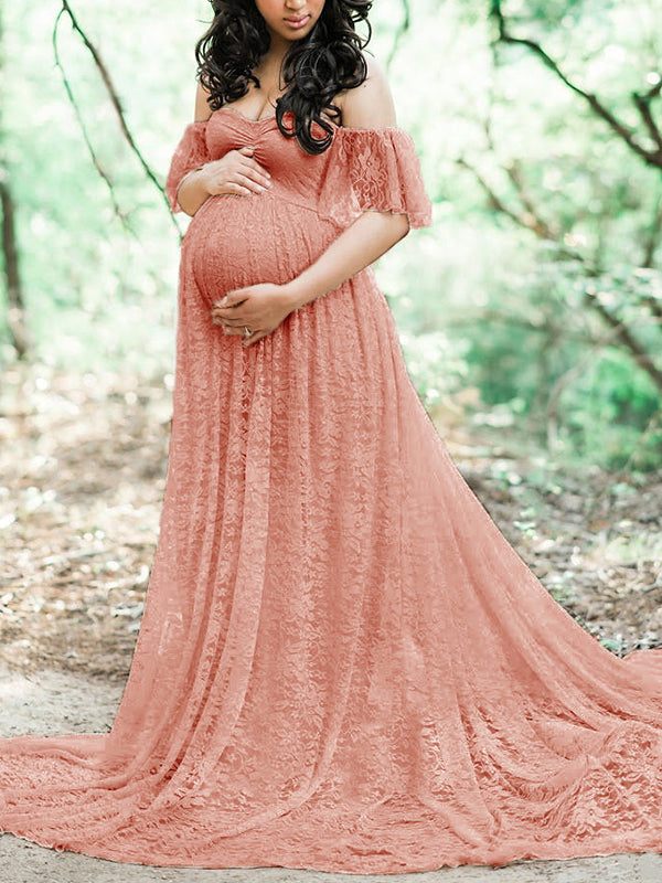 fotobeyou Solid Color Lace Off Shoulder Cap Sleeve Photoshoot Maternity Maxi Dress