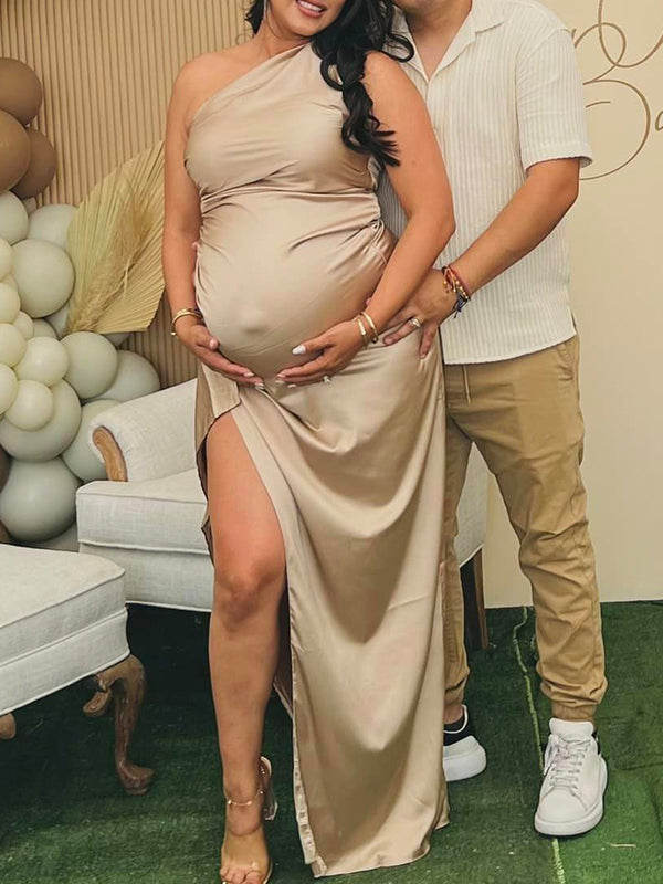 fotobeyou Champagne Gold One Shoulder Backless Side Slit Satin Evening Babyshower Maternity Maxi Dress