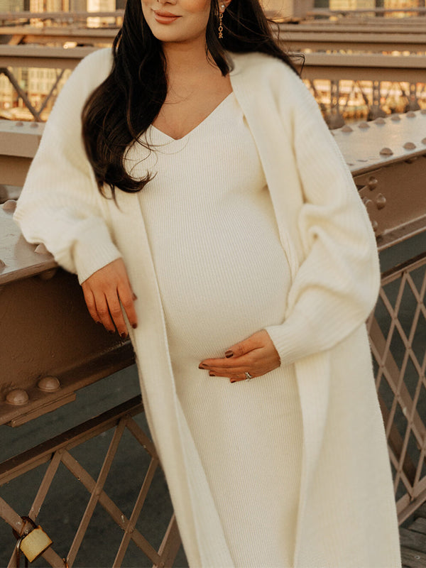 fotobeyou White Knitting  V-Neck Bodycon Two Pieces Cardigan Elegant Baby Shower Maternity Maxi Sweater Dress