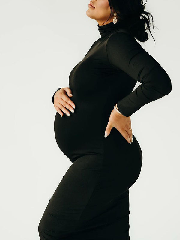 fotobeyou Solid Color High Neck Bodycon Mermaid Photoshoot Maternity Maxi Dress