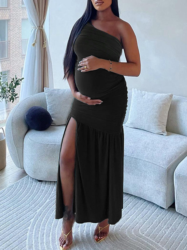 Mesh One Shoulder Ruched Side Slit Mermaid Maternity Maxi Dress