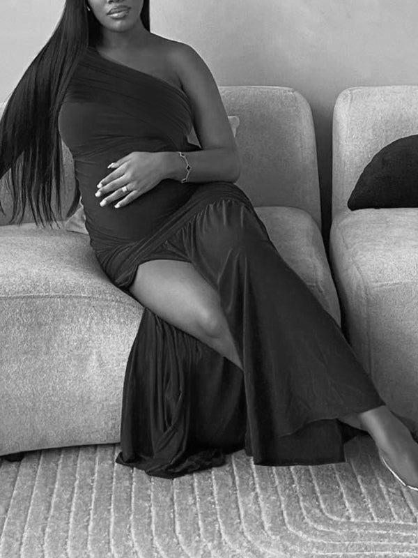 Mesh One Shoulder Ruched Side Slit Mermaid Maternity Maxi Dress