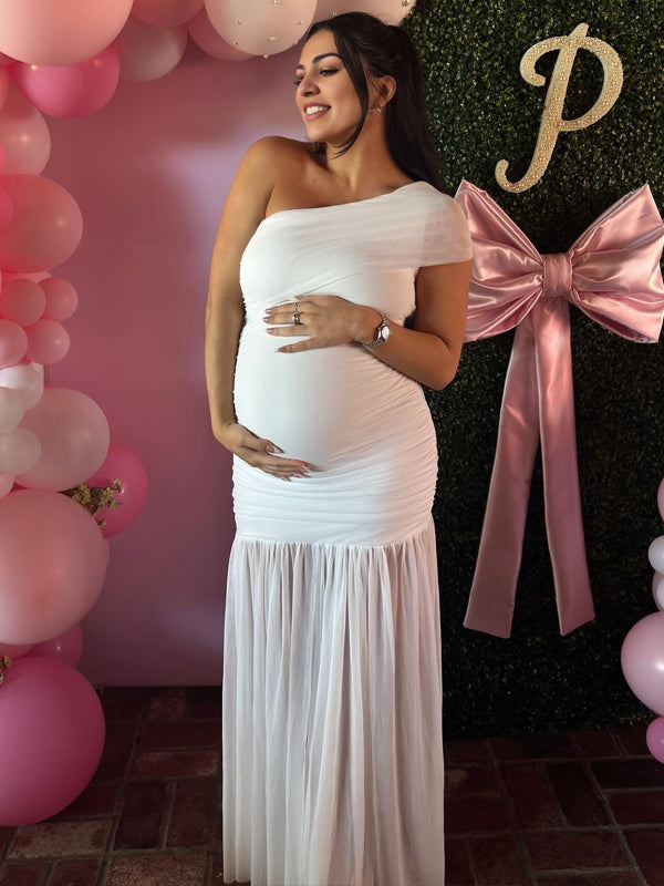 Mesh One Shoulder Ruched Side Slit Mermaid Maternity Maxi Dress
