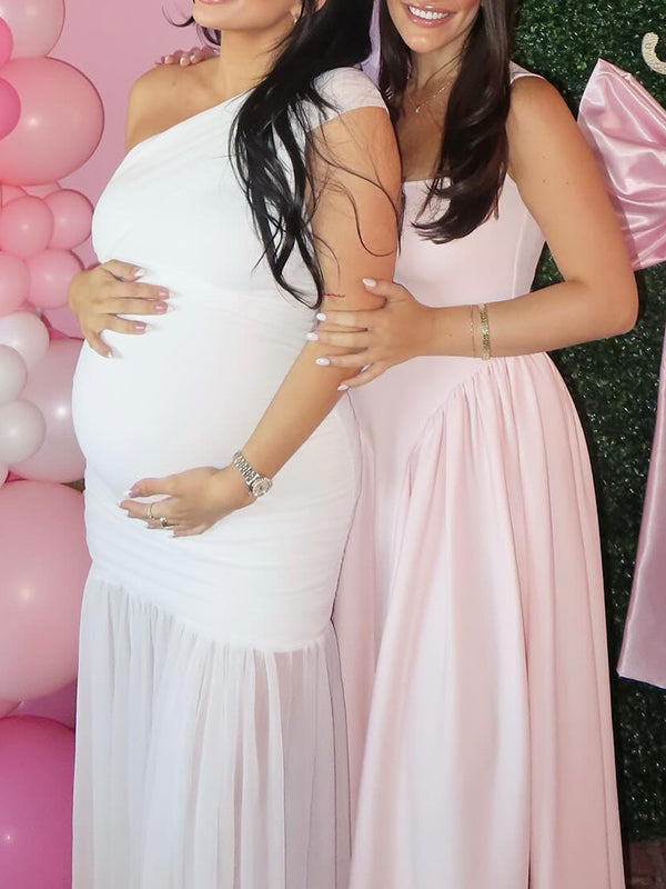 Mesh One Shoulder Ruched Side Slit Mermaid Maternity Maxi Dress