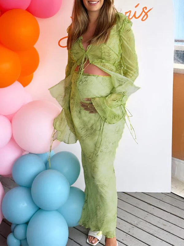 fotobeyou 2 Piece Mesh Print Ruffle Tie Slit Flare Sleeve Vacation Photoshoot Baby Shower Maternity Maxi Dress
