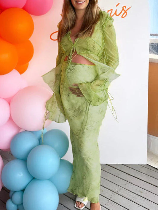 fotobeyou 2 Piece Mesh Print Ruffle Tie Slit Flare Sleeve Vacation Photoshoot Baby Shower Maternity Maxi Dress