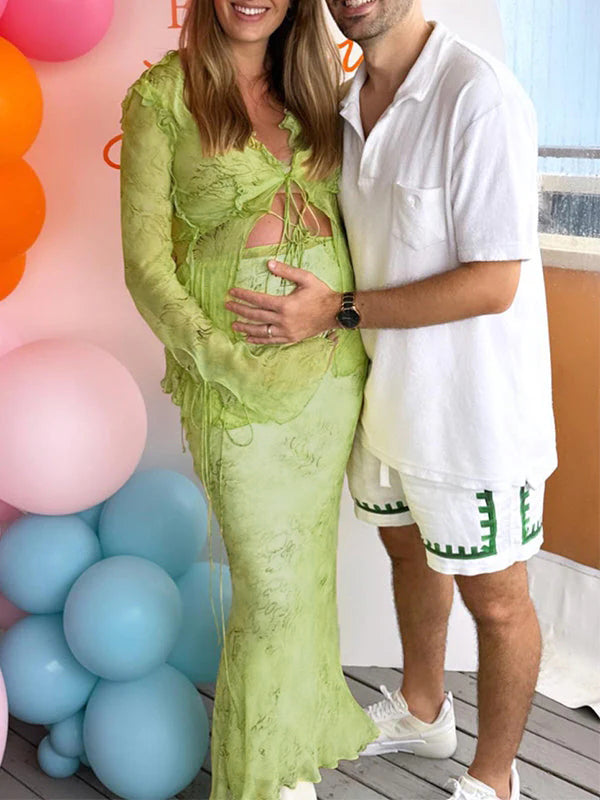 fotobeyou 2 Piece Mesh Print Ruffle Tie Slit Flare Sleeve Vacation Photoshoot Baby Shower Maternity Maxi Dress