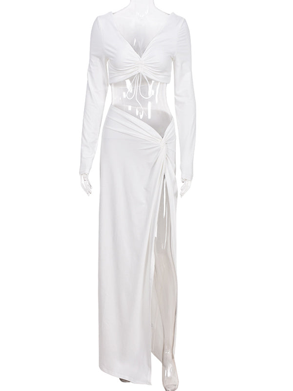 fotobeyou White 2 Pieces Ruched Drawstring Knot Side Slit Backless V-neck Baby Shower Photoshoot Maternity Maxi Dress