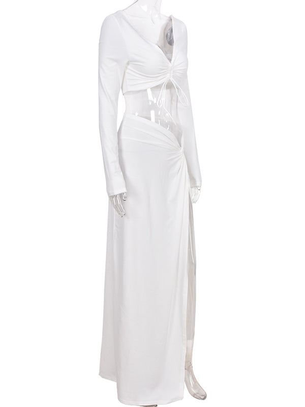 fotobeyou White 2 Pieces Ruched Drawstring Knot Side Slit Backless V-neck Baby Shower Photoshoot Maternity Maxi Dress