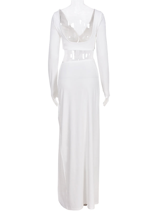 fotobeyou White 2 Pieces Ruched Drawstring Knot Side Slit Backless V-neck Baby Shower Photoshoot Maternity Maxi Dress