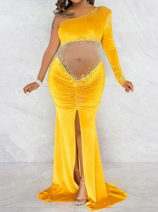 fotobeyou Elegant Velvet Side Slit Rhinestones Sparkly Grenadine Transparent Mermaid Floor Mopping Maternity Occasion Maxi Dress