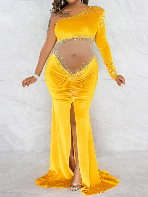 fotobeyou Elegant Velvet Side Slit Rhinestones Sparkly Grenadine Transparent Mermaid Floor Mopping Maternity Occasion Maxi Dress
