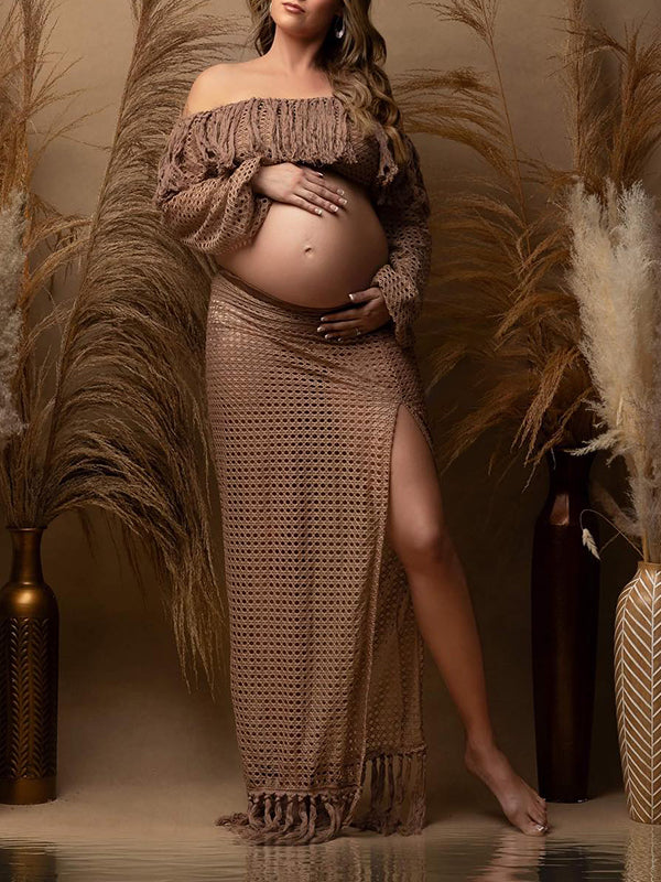 fotobeyou Khaki 2 Pieces Tassel Cut Out Side Slit Beach Photoshoot Maternity Maxi Dress