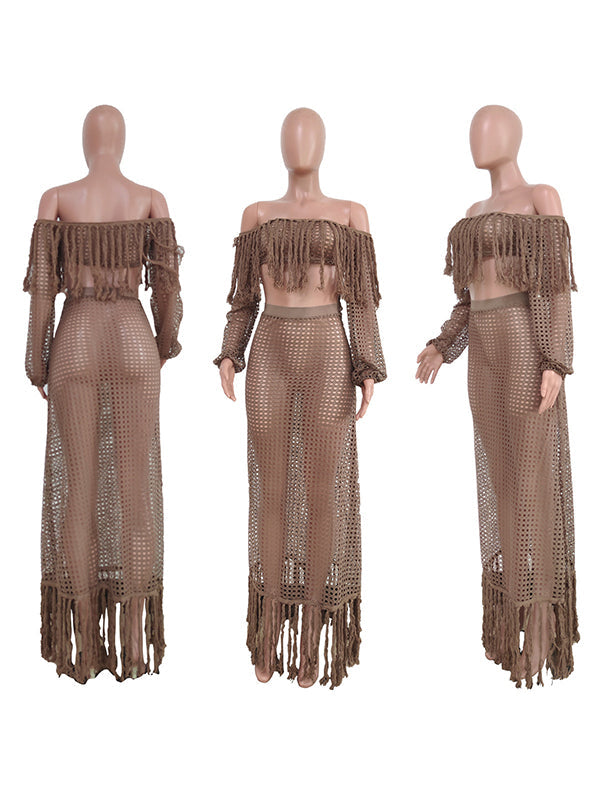 fotobeyou Khaki 2 Pieces Tassel Cut Out Side Slit Beach Photoshoot Maternity Maxi Dress