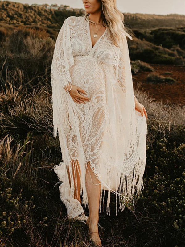 fotobeyou Lace White Tassel Bohemian Sheer High Waist Flare Sleeve Photoshoot Maternity Maxi Dress