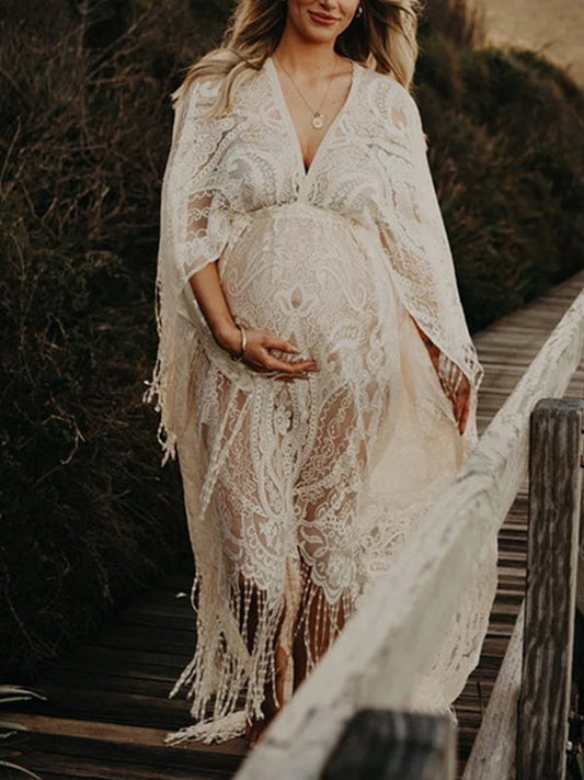 fotobeyou Lace White Tassel Bohemian Sheer High Waist Flare Sleeve Photoshoot Maternity Maxi Dress