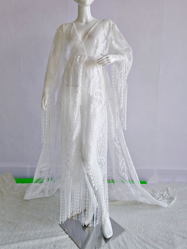 fotobeyou Lace White Tassel Bohemian Sheer High Waist Flare Sleeve Photoshoot Maternity Maxi Dress