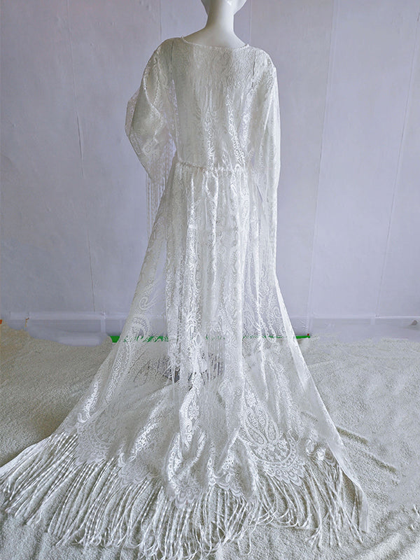 fotobeyou Lace White Tassel Bohemian Sheer High Waist Flare Sleeve Photoshoot Maternity Maxi Dress