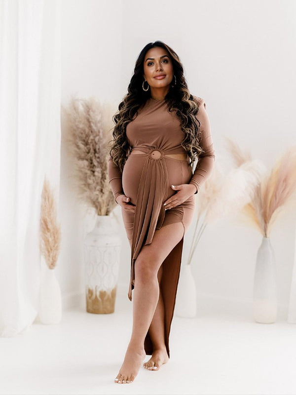 fotobeyou Light Coffee Bodycon Side Slit Cutout Bare Waist Cascading Ruffle Party Photoshoot Maternity Maxi Dress