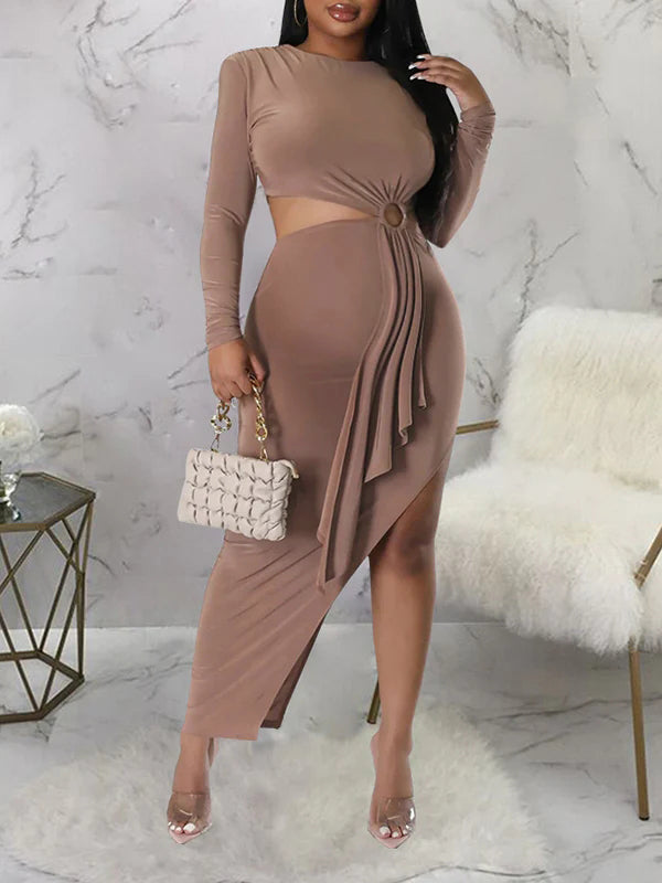 fotobeyou Light Coffee Bodycon Side Slit Cutout Bare Waist Cascading Ruffle Party Photoshoot Maternity Maxi Dress