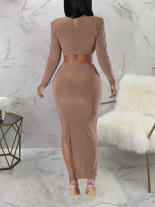 fotobeyou Light Coffee Bodycon Side Slit Cutout Bare Waist Cascading Ruffle Party Photoshoot Maternity Maxi Dress