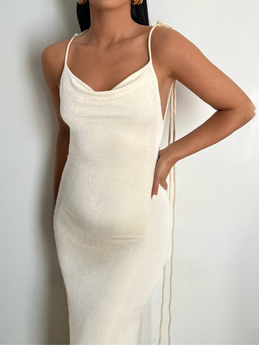 fotobeyou White Bodycon Backless Draped Spaghetti Strap Lace Up Photoshoot Party Maternity Maxi Dress
