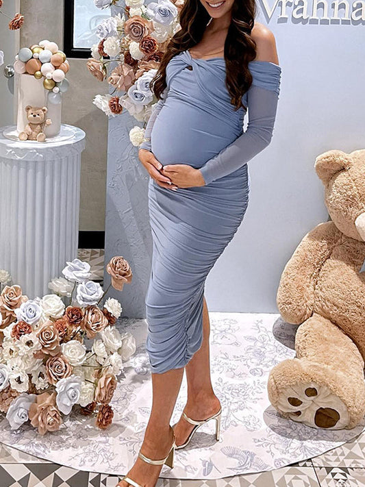 fotobeyou Blue Ruched Off Shoulder Cross Chest Bodycon Elegant Wedding Guest Maternity Photoshoot Midi Dress