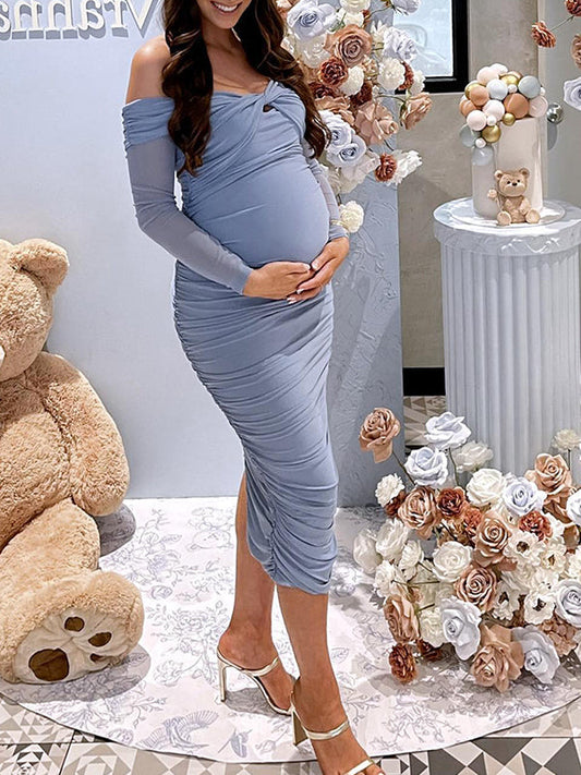 fotobeyou Blue Ruched Off Shoulder Cross Chest Bodycon Elegant Wedding Guest Maternity Photoshoot Midi Dress