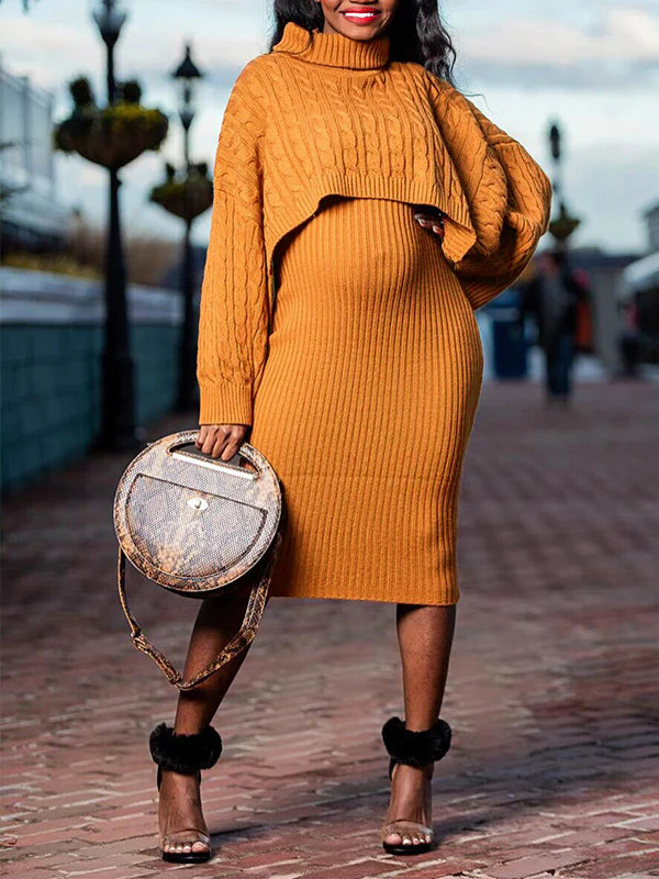 fotobeyou Solid Color Knitting 2-in-1 Bodycon Baby Shower Maternity Sweater Midi Dress