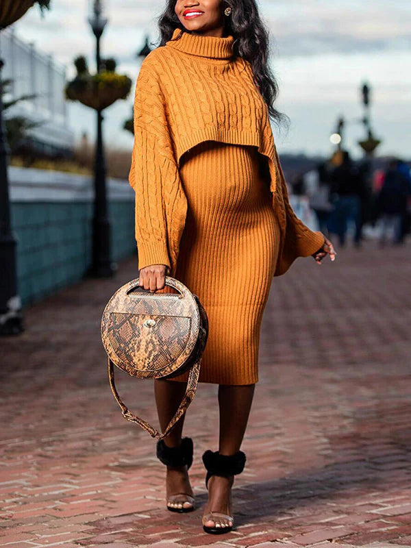 fotobeyou Solid Color Knitting 2-in-1 Bodycon Baby Shower Maternity Sweater Midi Dress