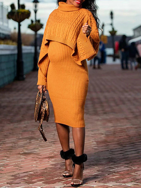 fotobeyou Solid Color Knitting 2-in-1 Bodycon Baby Shower Maternity Sweater Midi Dress