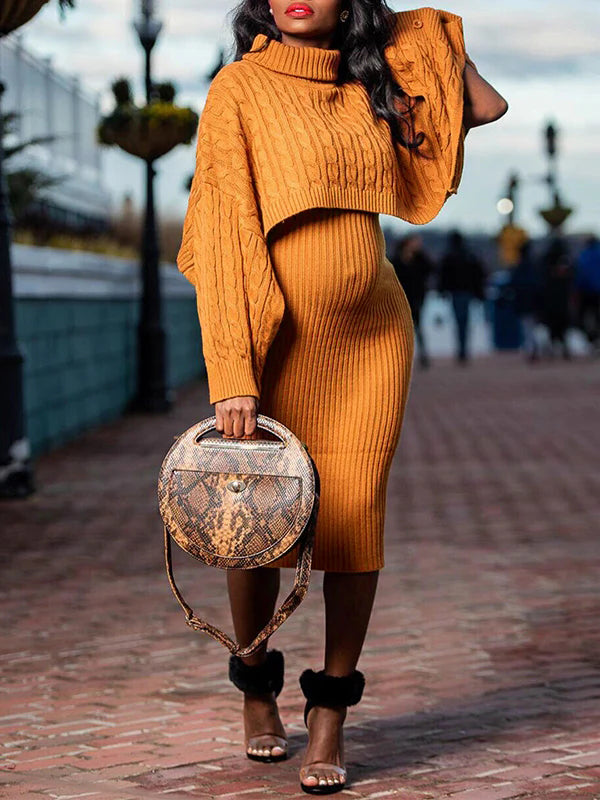 fotobeyou Solid Color Knitting 2-in-1 Bodycon Baby Shower Maternity Sweater Midi Dress