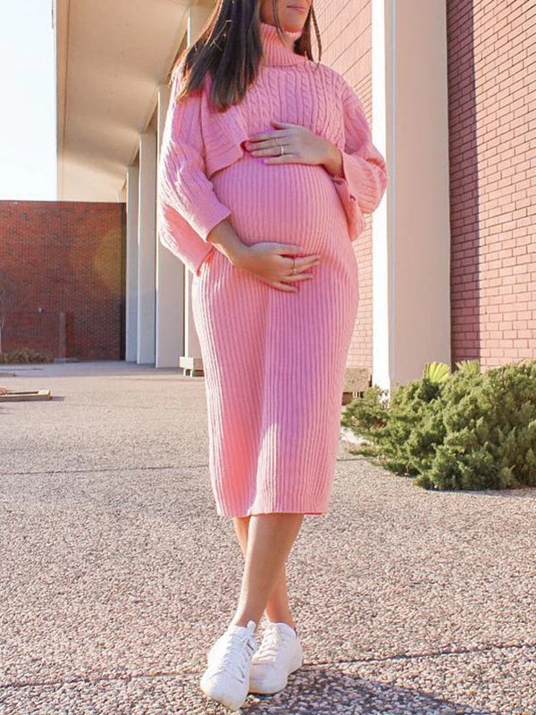 fotobeyou Solid Color Knitting 2-in-1 Bodycon Baby Shower Maternity Sweater Midi Dress