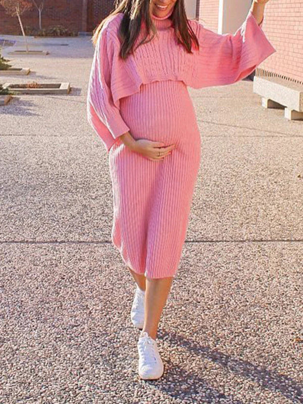fotobeyou Solid Color Knitting 2-in-1 Bodycon Baby Shower Maternity Sweater Midi Dress
