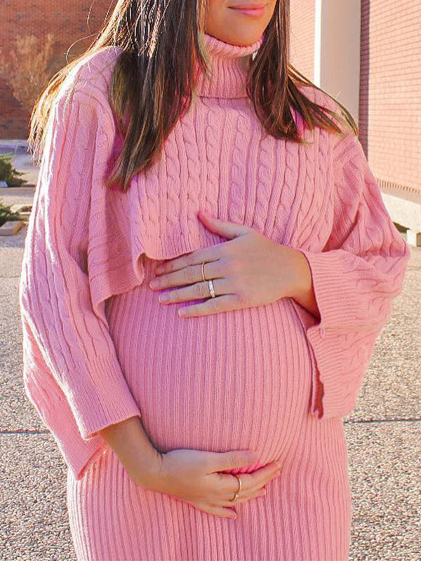 fotobeyou Solid Color Knitting 2-in-1 Bodycon Baby Shower Maternity Sweater Midi Dress