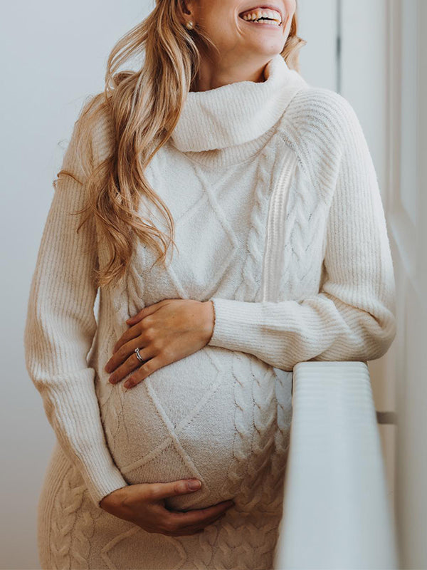 fotobeyou Beige Knitted High Neck Casual Daily Oversized Maternity Photoshoot Baby Shower Mini Dress
