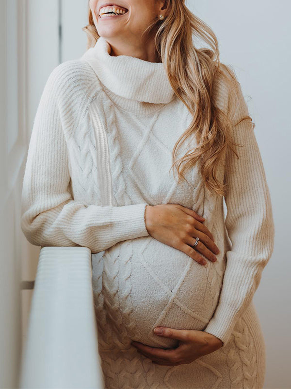 fotobeyou Beige Knitted High Neck Casual Daily Oversized Maternity Photoshoot Baby Shower Mini Dress