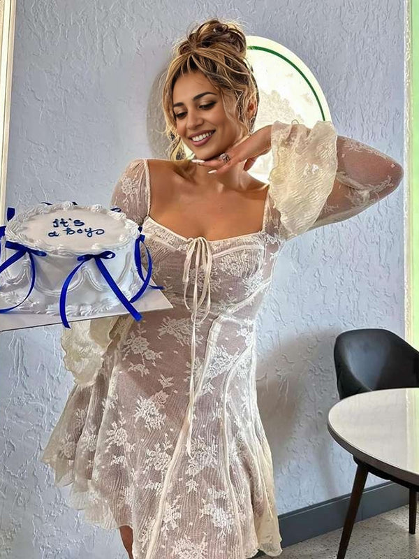 fotobeyou White Lace Off Shoulder Bow Drawstring Ruffle Flare Sleeve Elegant Baby Shower Maternity Mini Dress