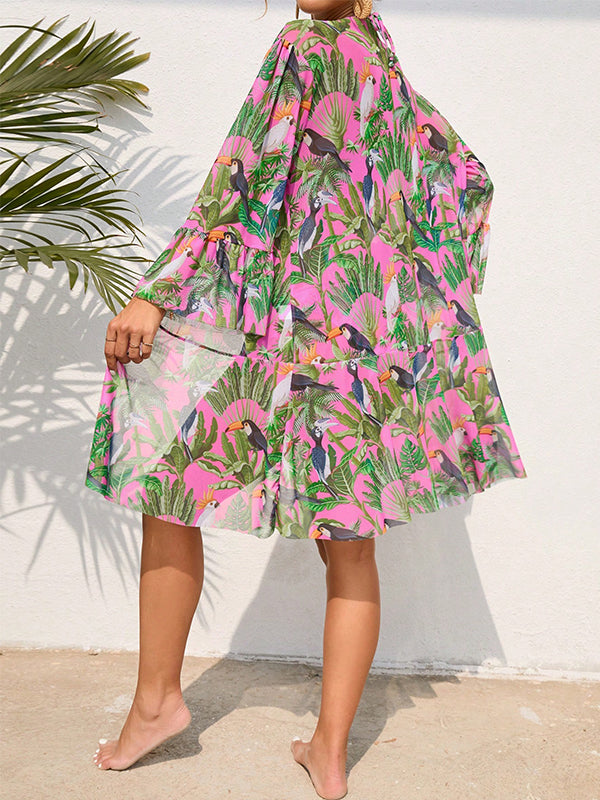 fotobeyou Tropical Print Halter Triangle Bikini Swimsuit With Kimono Beach Fashion Maternity Swimwear