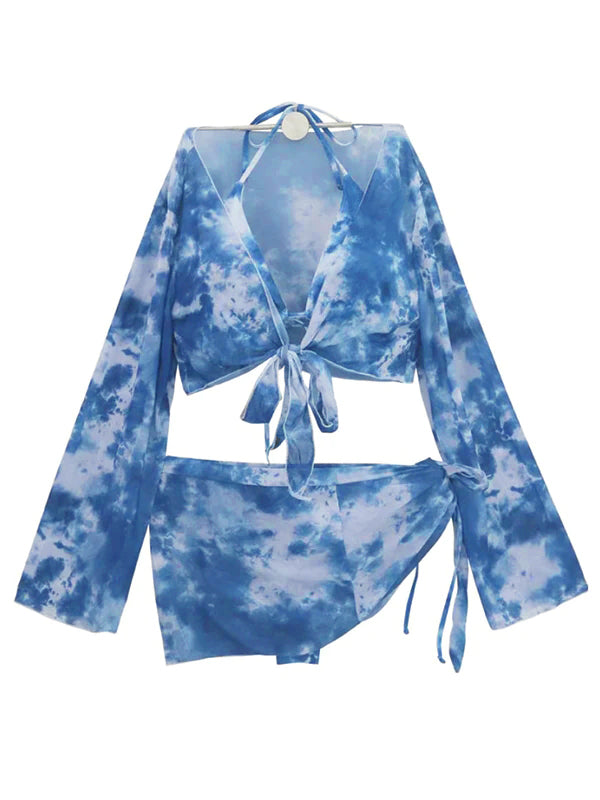 fotobeyou Blue Tie Dye Lace-up Crop Cami Halter Neck Backless Beach Four-pieces Bikini With Cover Ups Fashion Maternity Swimwear