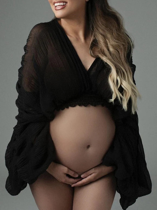 fotobeyou Belly Friendly Loose Puff Sleeve Props Accessories Sheer Photography Babyshower  Maternity Pleated Top
